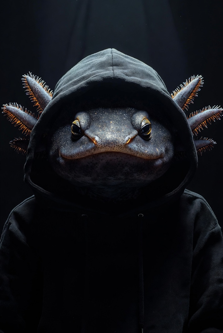 Shadow — a charcoal cosmic axolotl in a monk hoodie, amber eyes glowing.